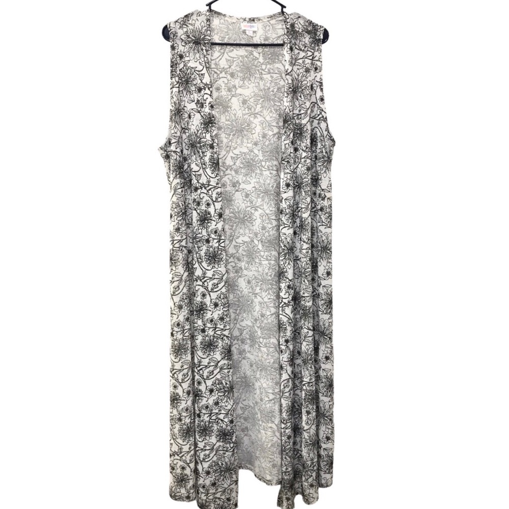 LuLaRoe Flower Illustrative Print B&W Open Sides Plus Size Vest Duster Cardigan